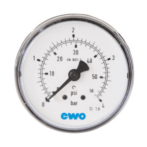 Manometer Ø 50, Anschl. waagr. m. Stahlgeh. (schwarz), Klasse 1, 6